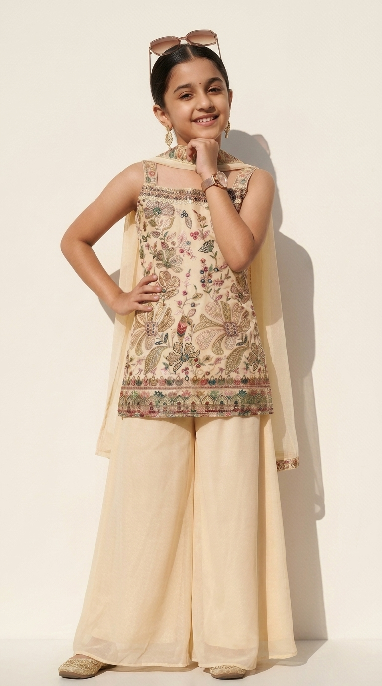 Ivory Floral Embroidered Anarkali-Style Kurta Set