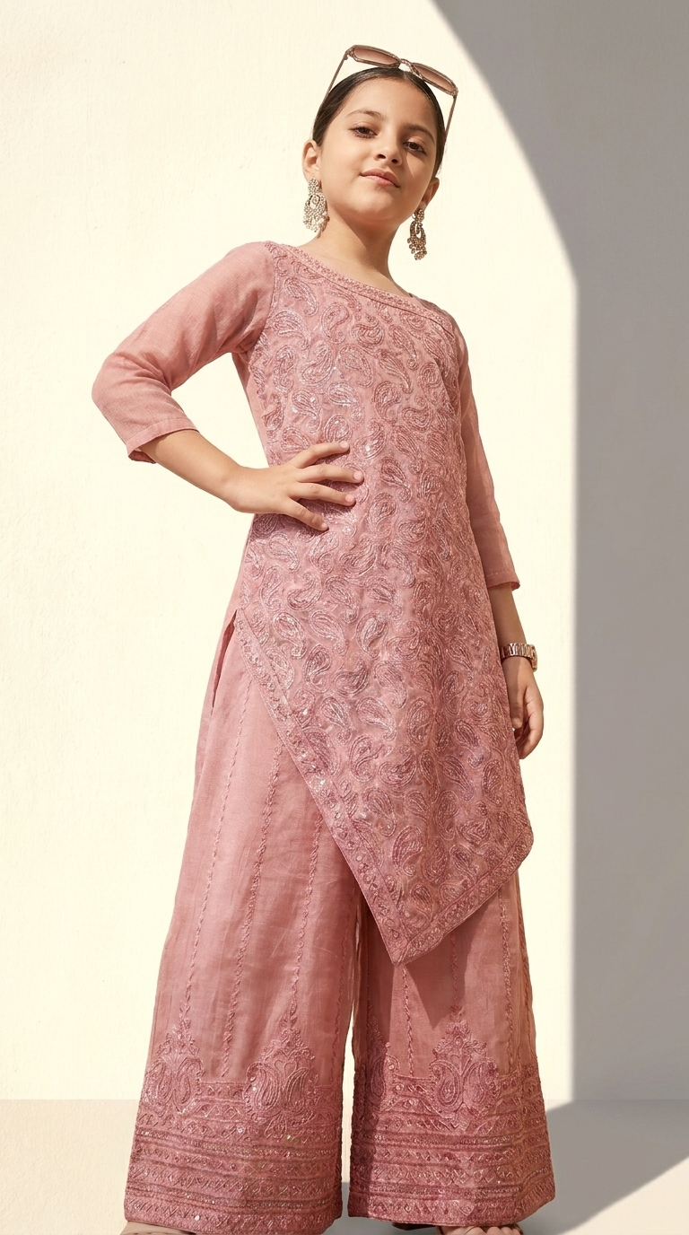 Girls’ Dusty Rose Paisley Embroidered Asymmetric Kurta Palazzo Set