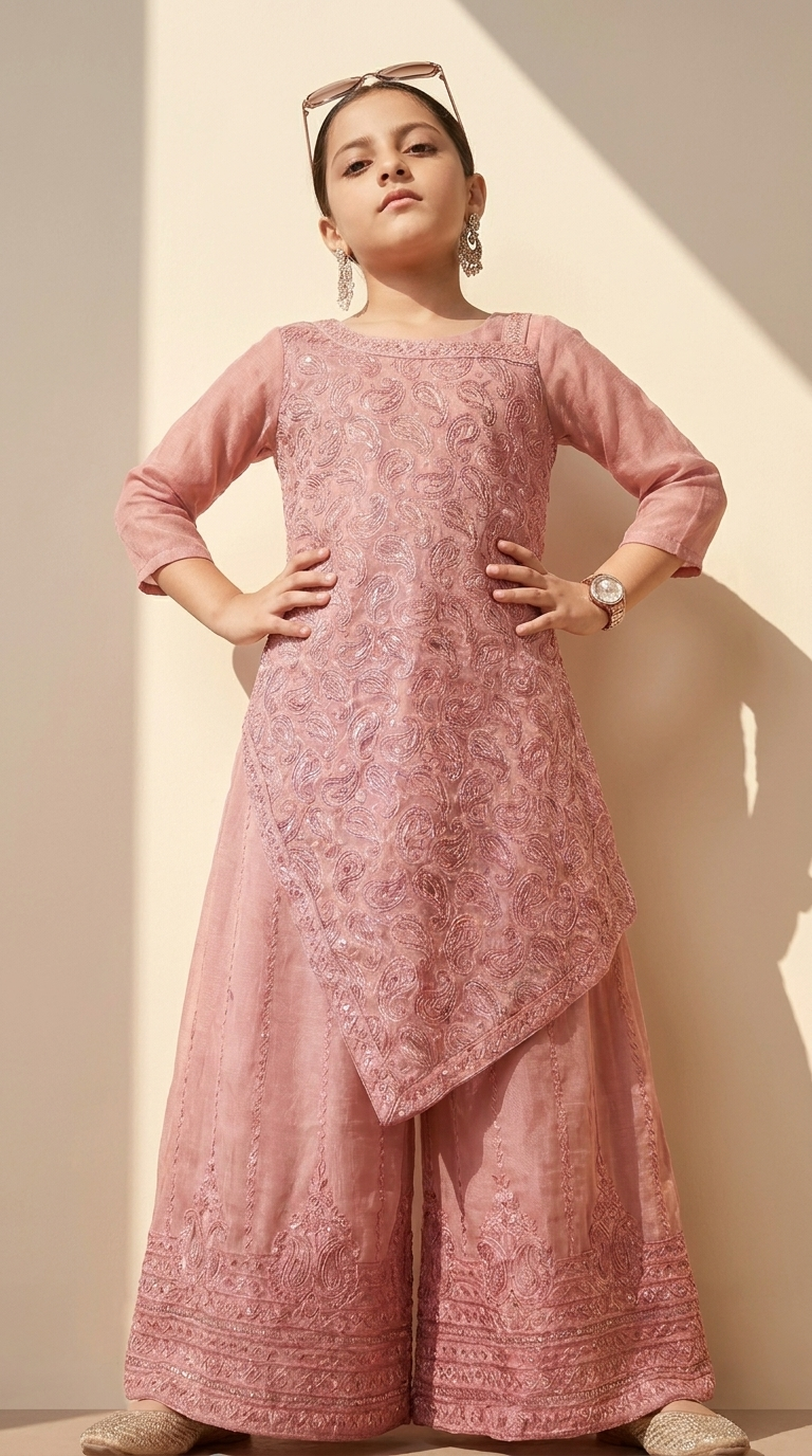 Girls’ Dusty Rose Paisley Embroidered Asymmetric Kurta Palazzo Set