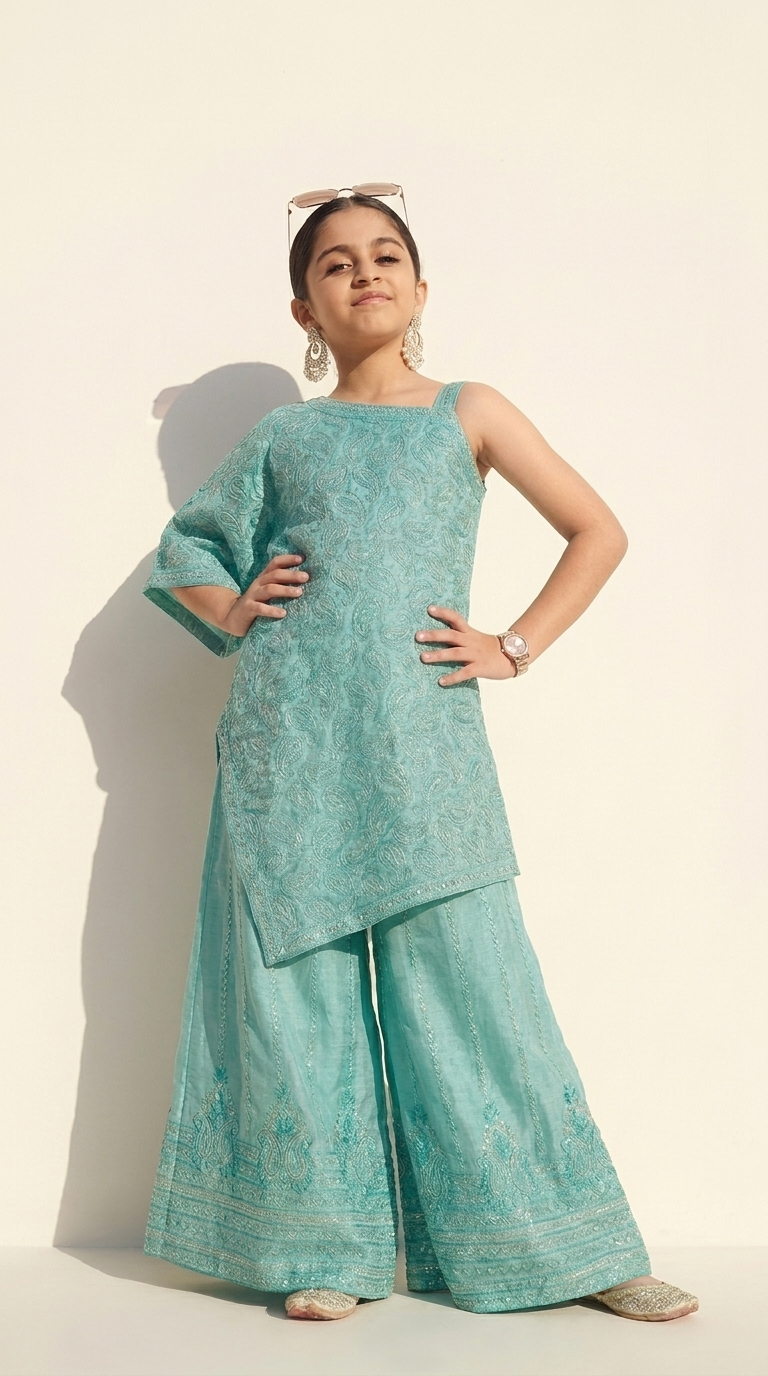 Aqua Blue Embroidered Asymmetric Kurta Palazzo Set