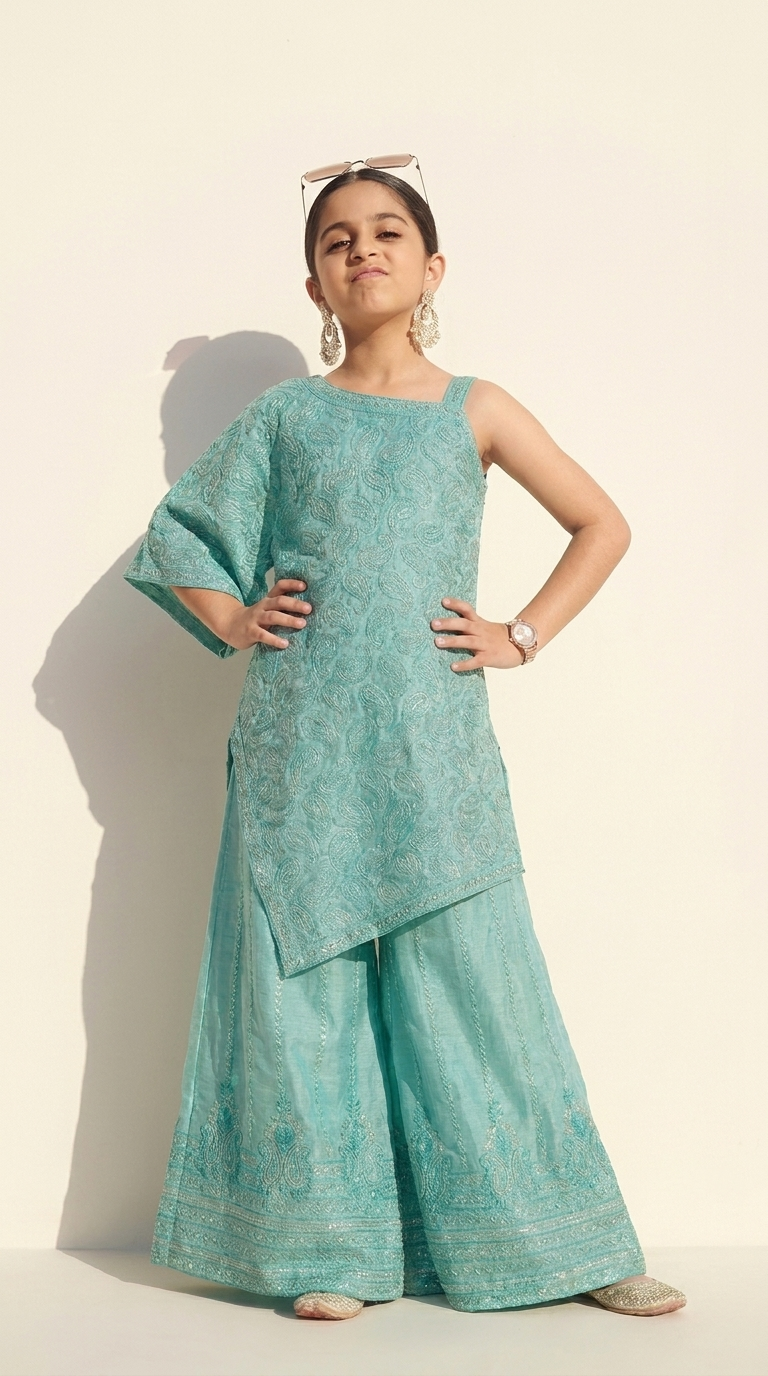 Aqua Blue Embroidered Asymmetric Kurta Palazzo Set