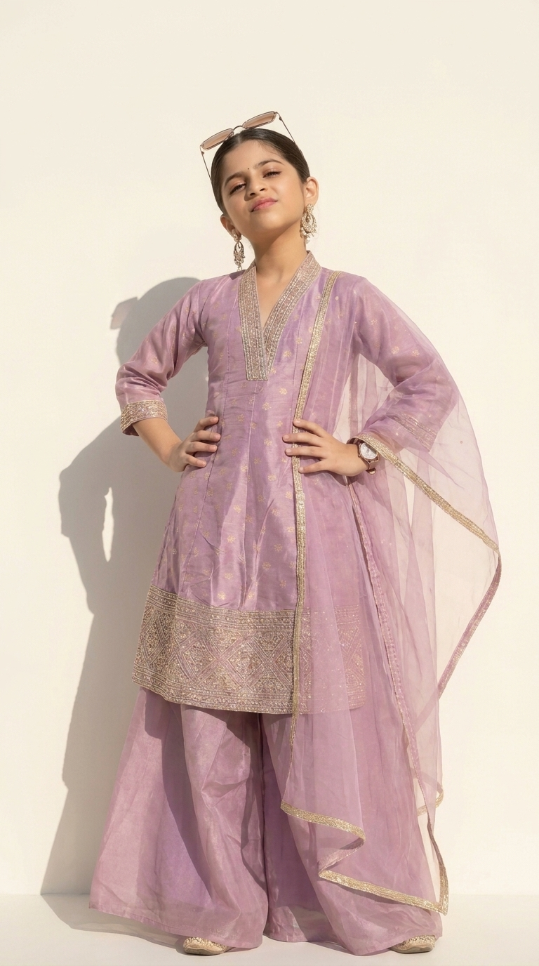 Lavender Embroidered Kurta Palazzo Set with Dupatta