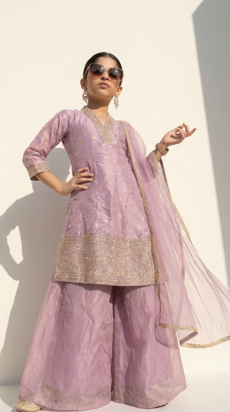 Lavender Embroidered Kurta Palazzo Set with Dupatta