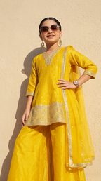 Mustard Yellow Embroidered Kurta Palazzo Set with Dupatta