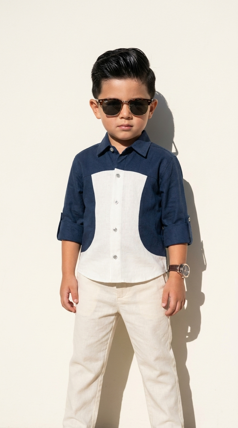 Navy & Ivory Color-Block Shirt with Trousers Set