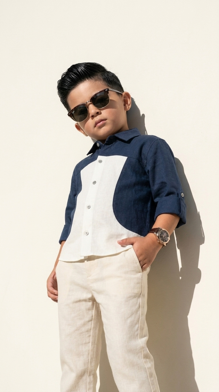 Navy & Ivory Color-Block Shirt with Trousers Set