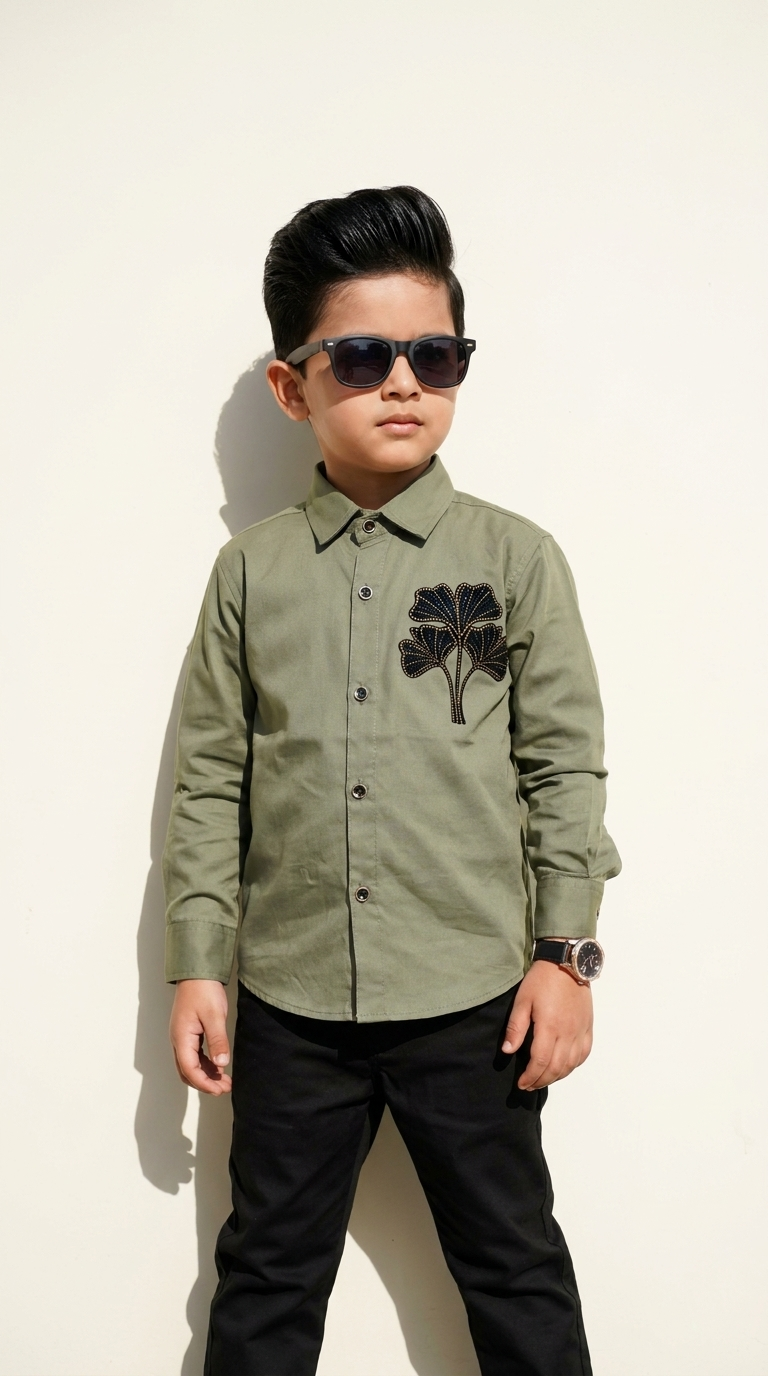 Olive Green Floral Embroidered Shirt & Black Trouser Set