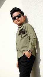 Olive Green Floral Embroidered Shirt & Black Trouser Set