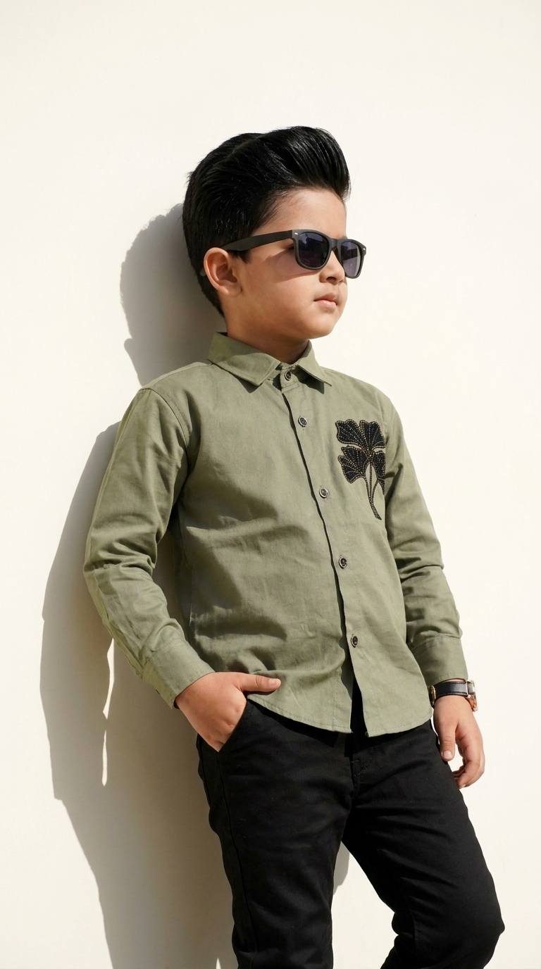 Olive Green Floral Embroidered Shirt & Black Trouser Set