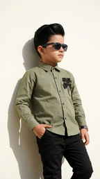 Olive Green Floral Embroidered Shirt & Black Trouser Set