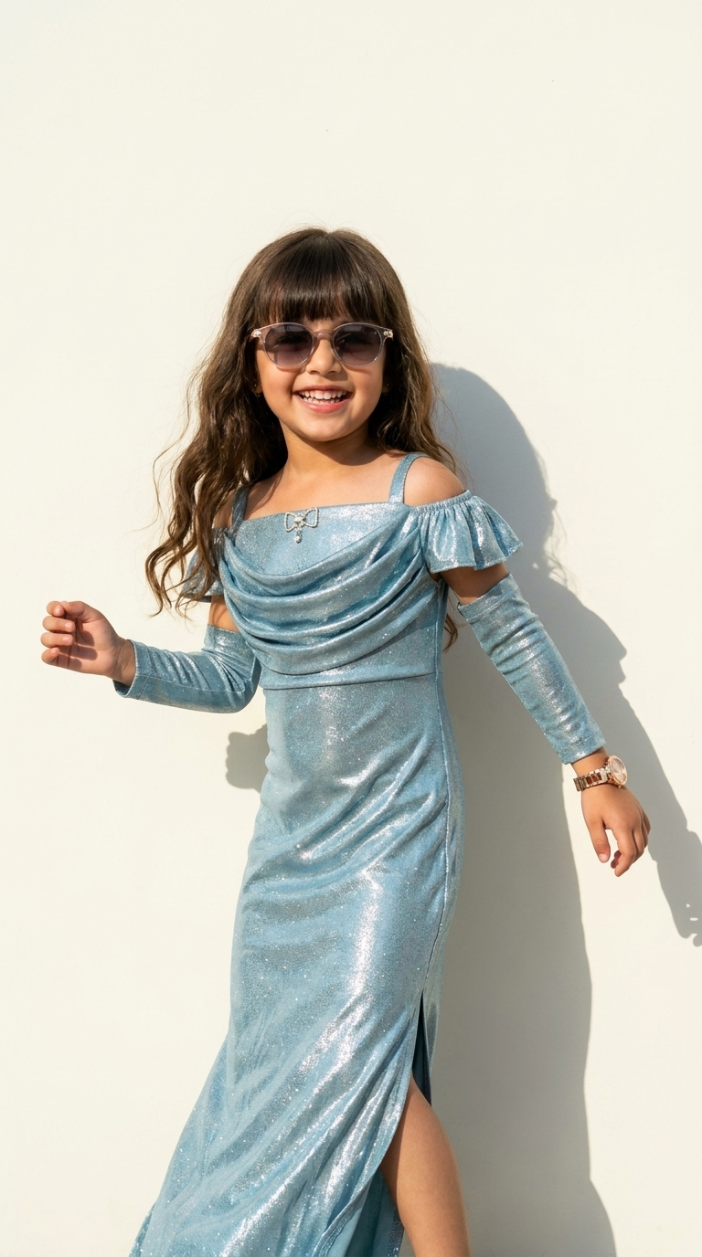 Ethnia Ice Blue Shimmer Ruffle Gown