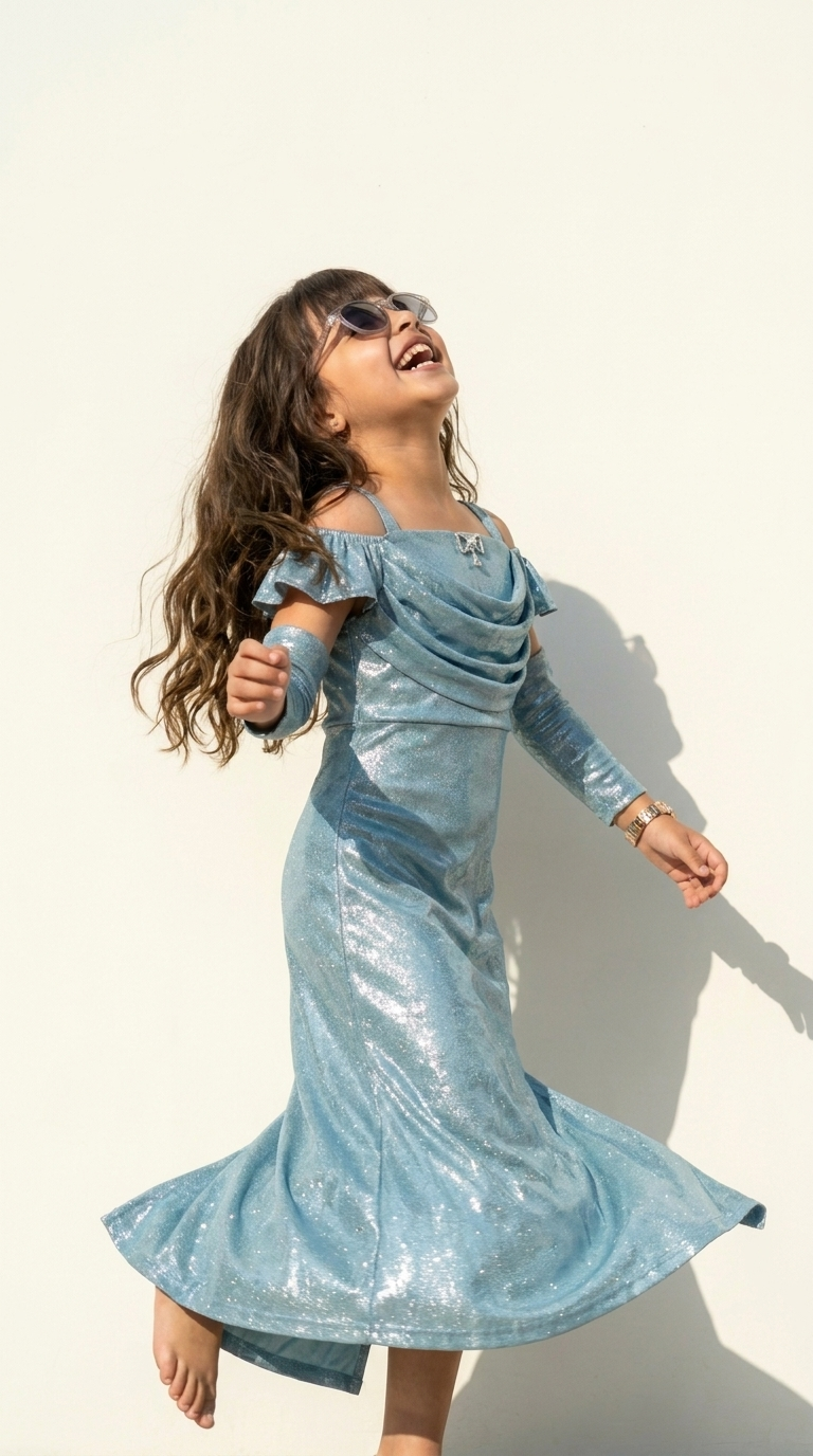 Ethnia Ice Blue Shimmer Ruffle Gown