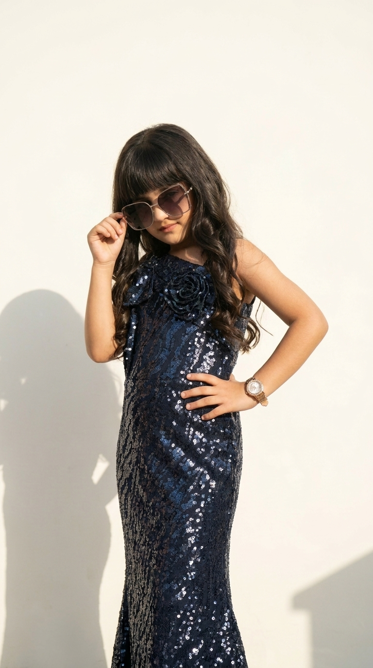 Ethnia Midnight Blue Sequin Floral Gown