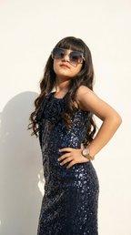 Ethnia Midnight Blue Sequin Floral Gown