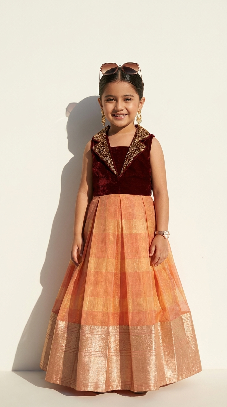 Burgundy Velvet & Peach Gold Ethnic Gown