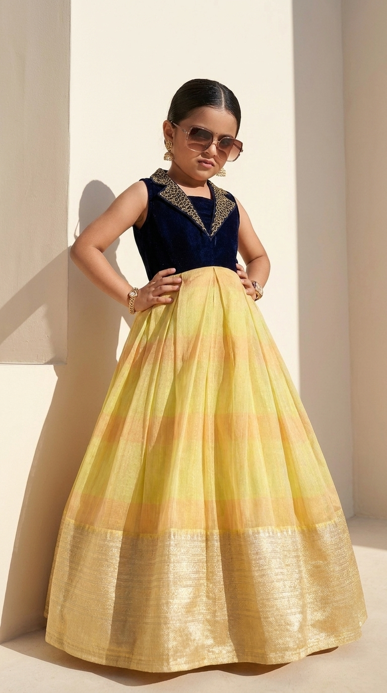 Ethnia Royal Navy Blue & Golden Yellow Heritage Gown