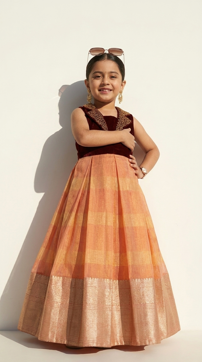 Burgundy Velvet & Peach Gold Ethnic Gown