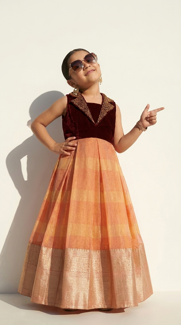 Burgundy Velvet & Peach Gold Ethnic Gown