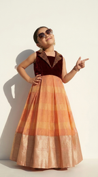 Burgundy Velvet & Peach Gold Ethnic Gown