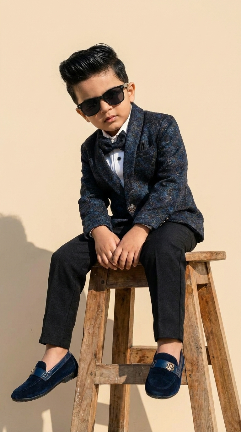Navy Blue Textured Party Wear Suit Set
