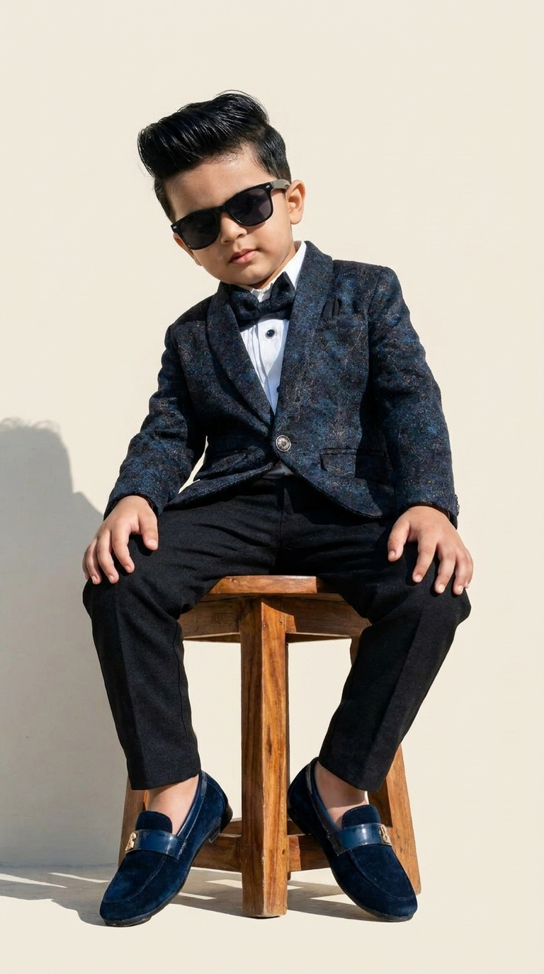 Navy Blue Textured Party Wear Suit Set