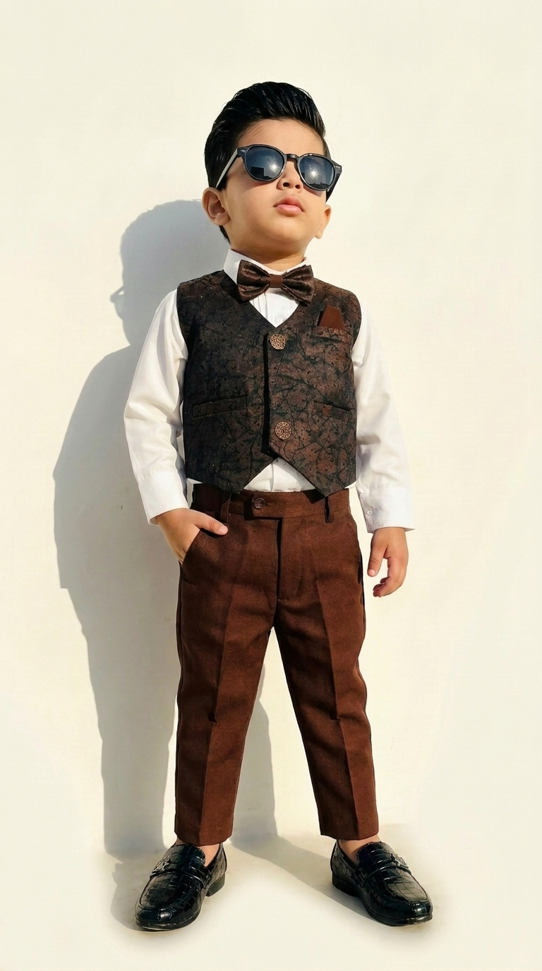 Boys’ Brown & Black Printed Waistcoat Set