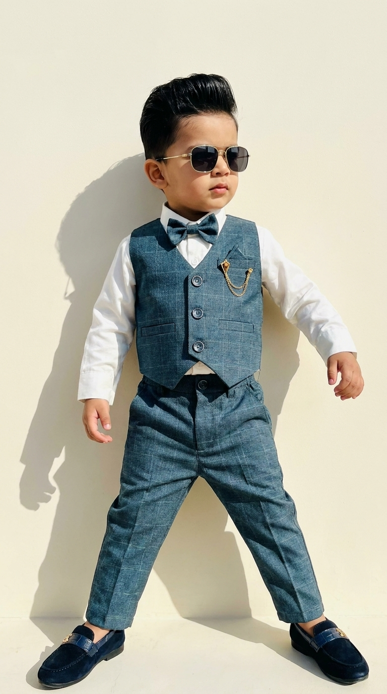 Teal Blue Checked Waistcoat & Trouser Set