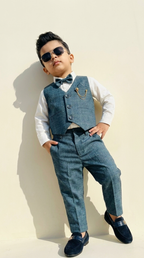 Teal Blue Checked Waistcoat & Trouser Set
