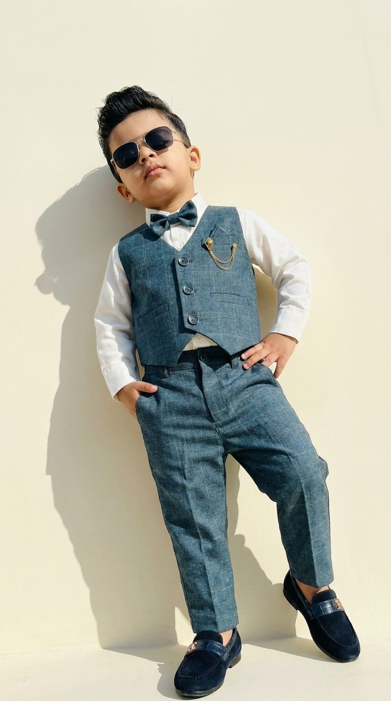 Teal Blue Checked Waistcoat & Trouser Set