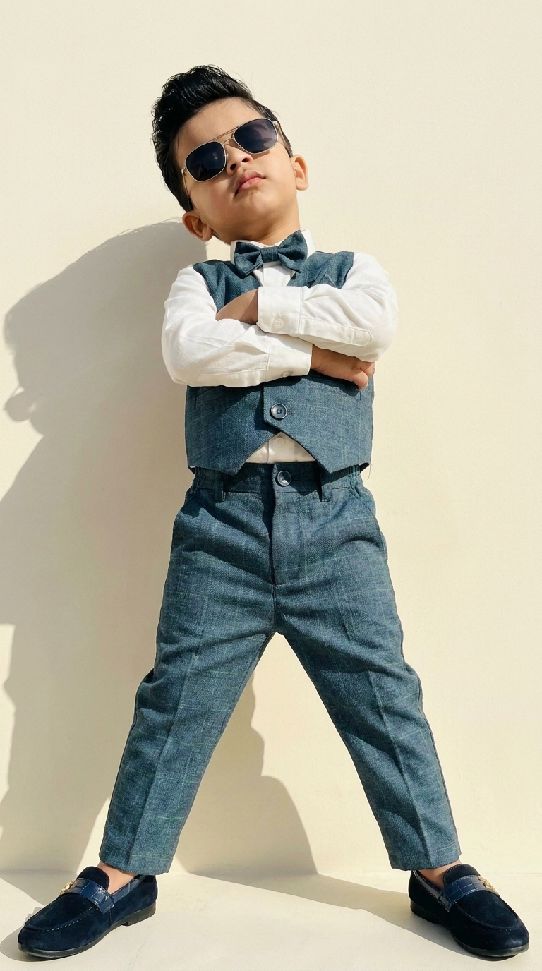 Teal Blue Checked Waistcoat & Trouser Set