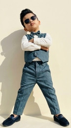 Teal Blue Checked Waistcoat & Trouser Set