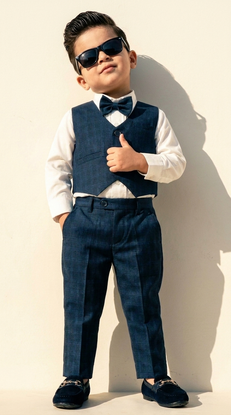 Navy Blue Check Waistcoat & Trouser Set