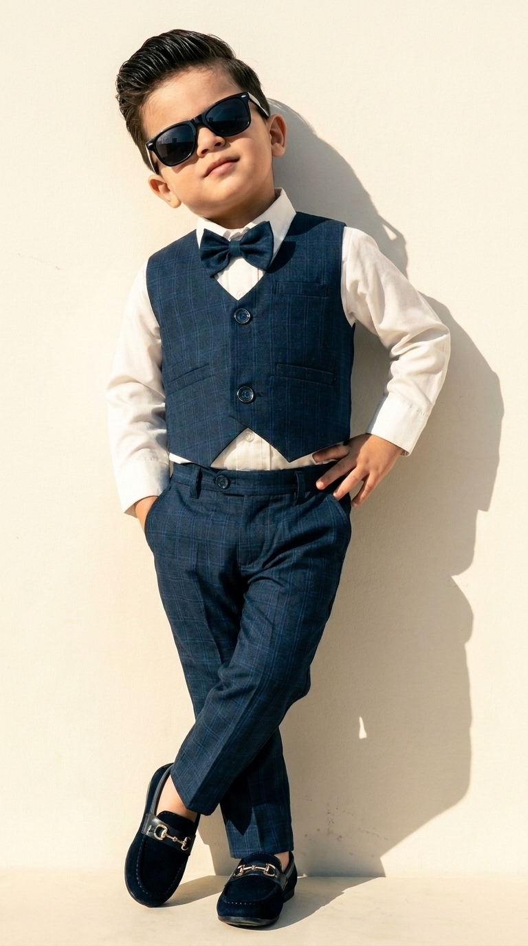 Navy Blue Check Waistcoat & Trouser Set