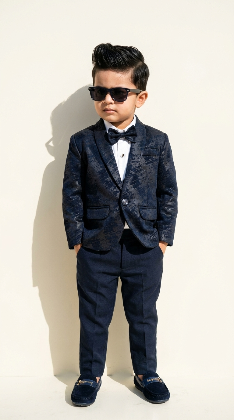 Navy Blue Patterned Blazer Suit Set