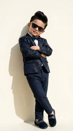 Navy Blue Patterned Blazer Suit Set