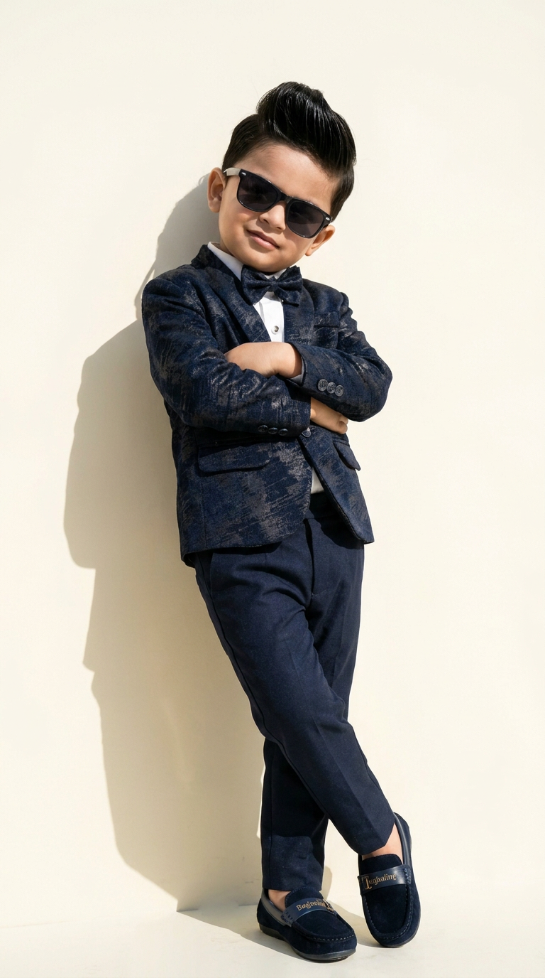 Navy Blue Patterned Blazer Suit Set
