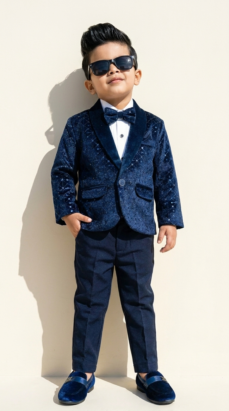 Navy Blue Printed Luxe Blazer & Trouser Set