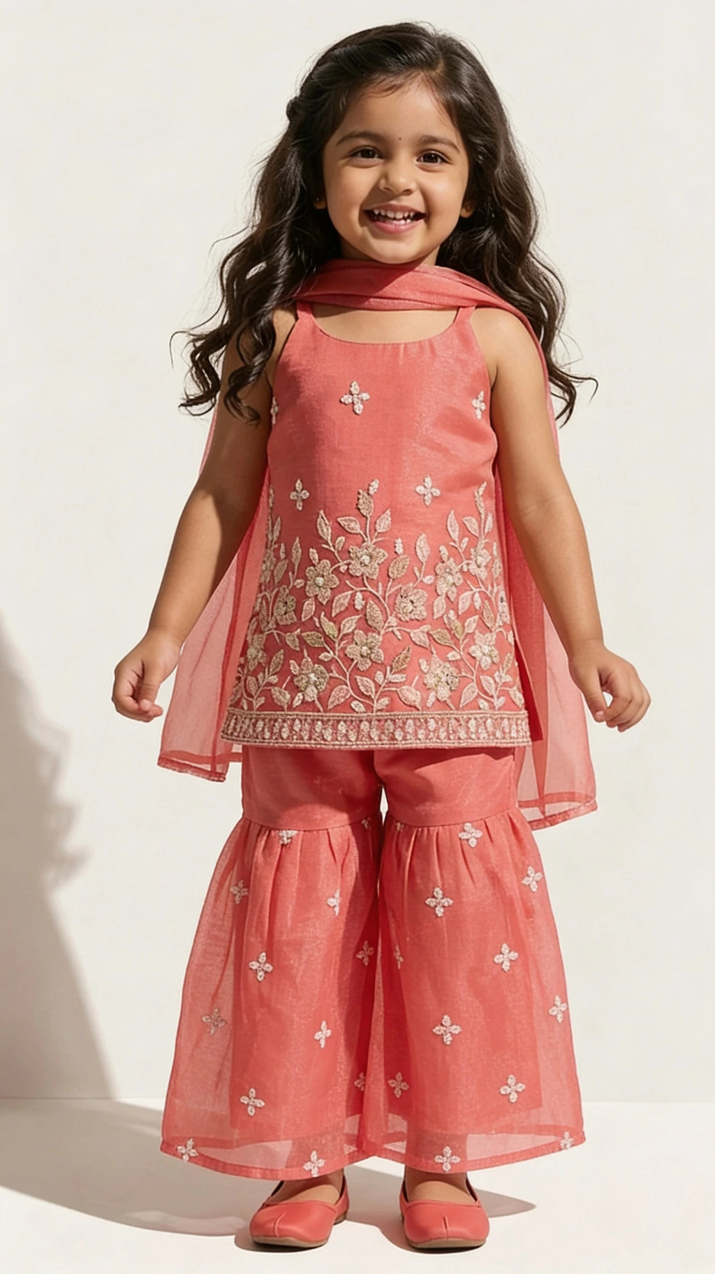 Coral Embroidered Sharara Set