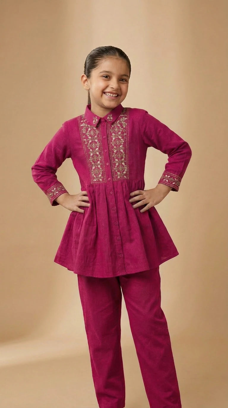 Ruby Radiance Girls Embroidered Peplum Co-Ord Set