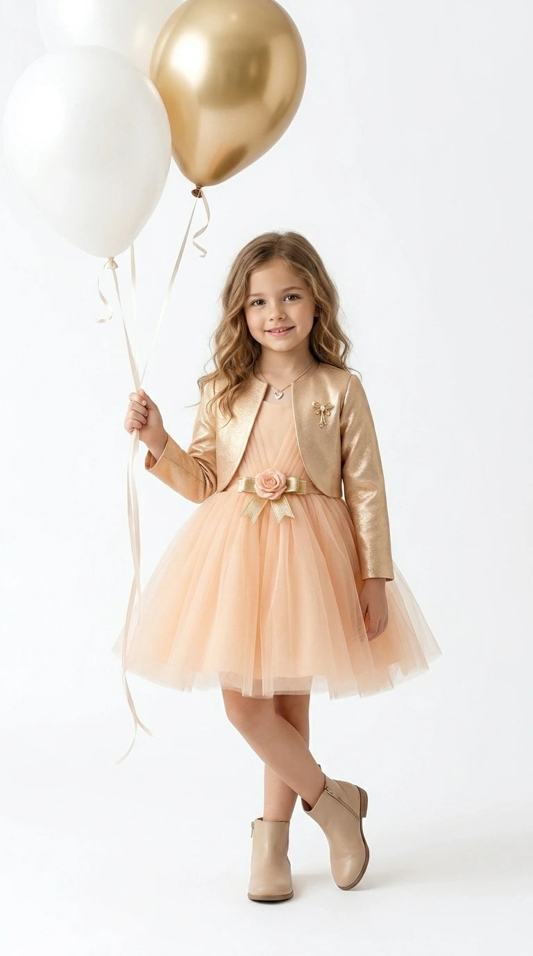 Peach Party Dress with Gold Jacket