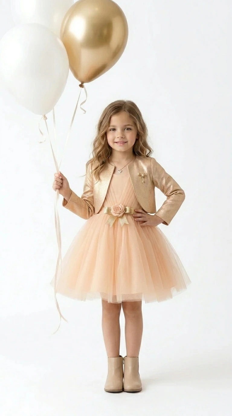 Peach Party Dress with Gold Jacket