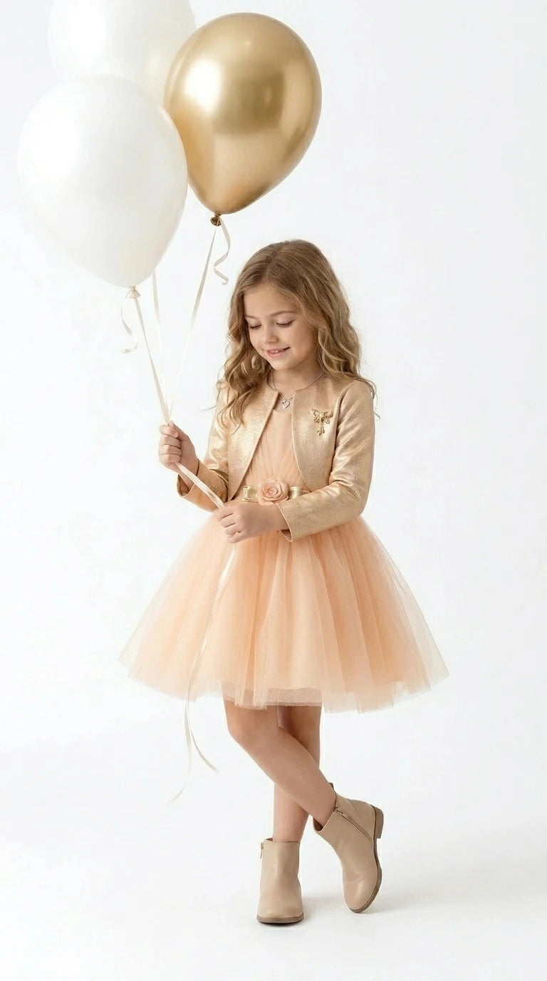 Peach Party Dress with Gold Jacket