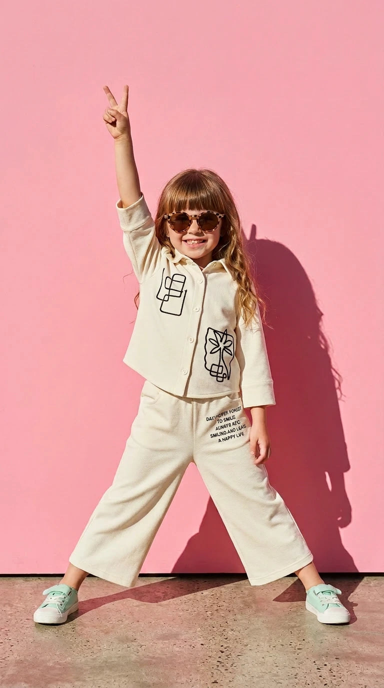 Cream Printed Casual Co-ord