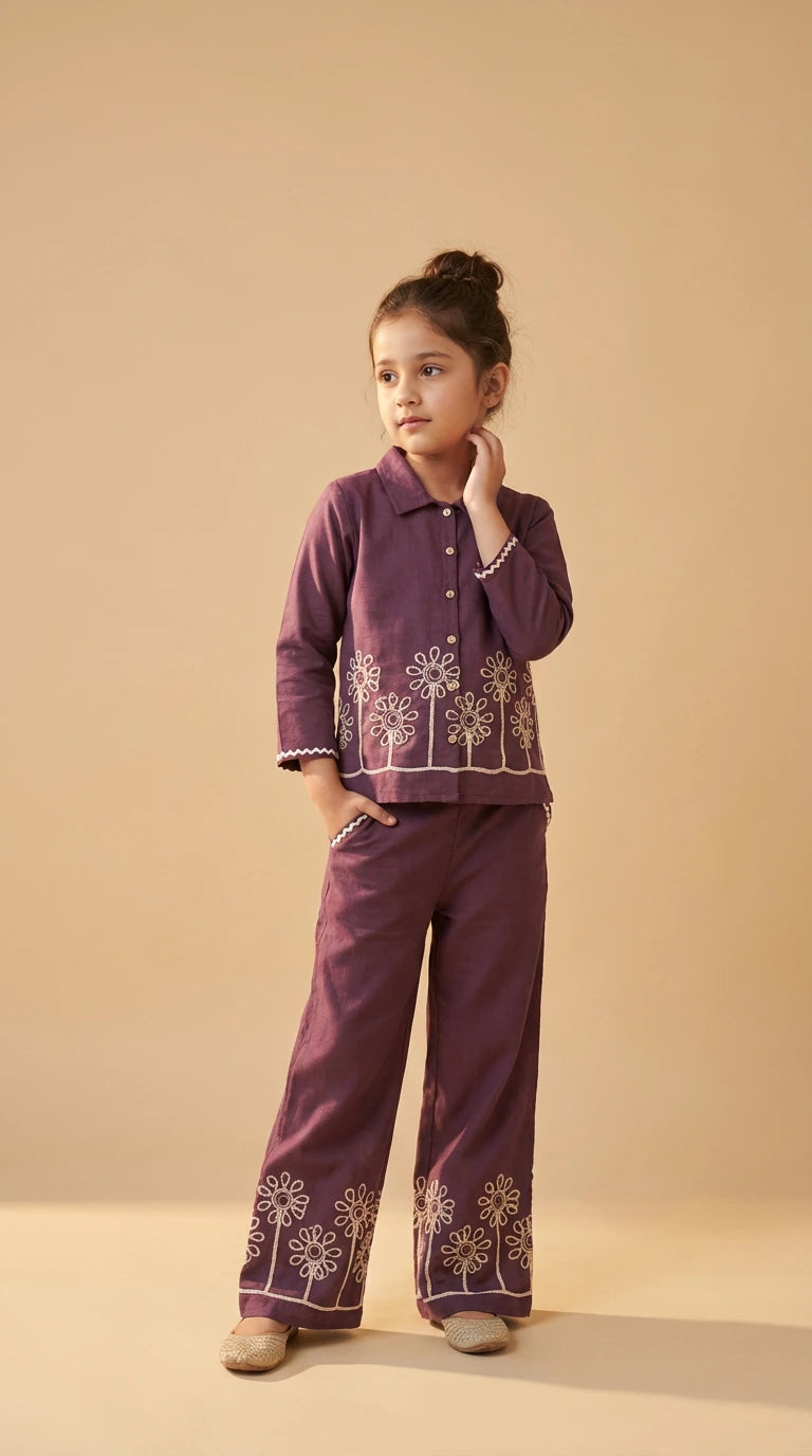Blossom Charm Girls Embroidered Co-Ord Set