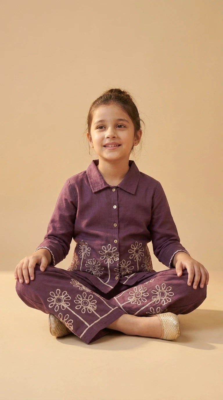 Blossom Charm Girls Embroidered Co-Ord Set