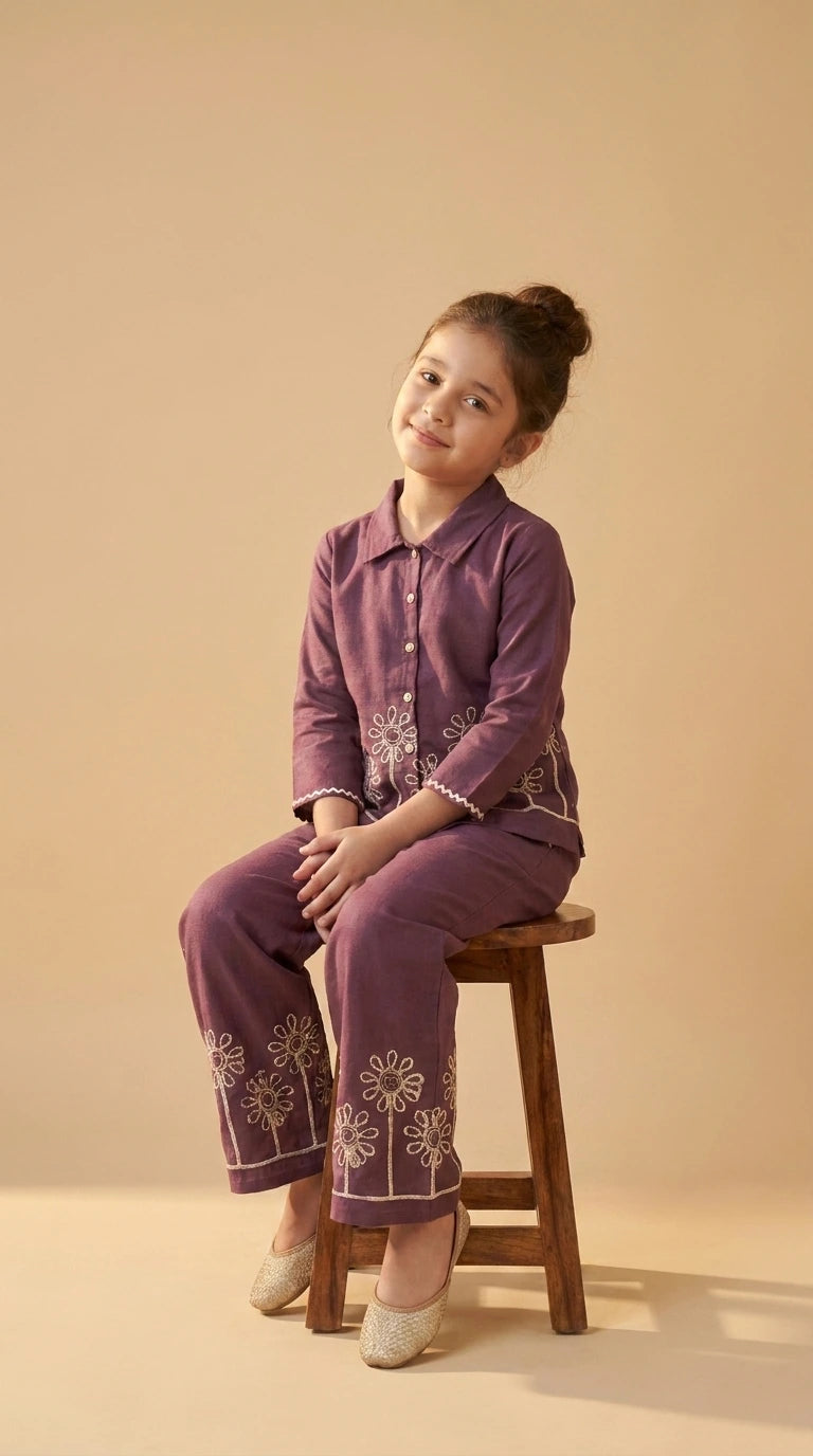 Blossom Charm Girls Embroidered Co-Ord Set