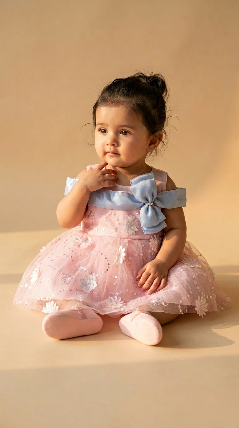 Blush Bloom Baby Party Dress (Blue Bow)
