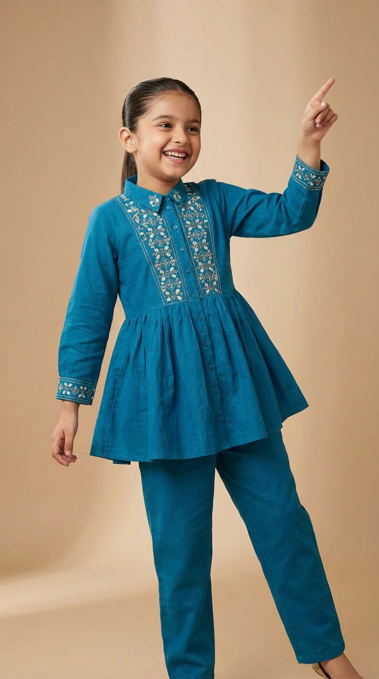 Ocean Bloom Girls Embroidered Peplum Co-Ord Set