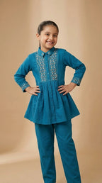 Ocean Bloom Girls Embroidered Peplum Co-Ord Set