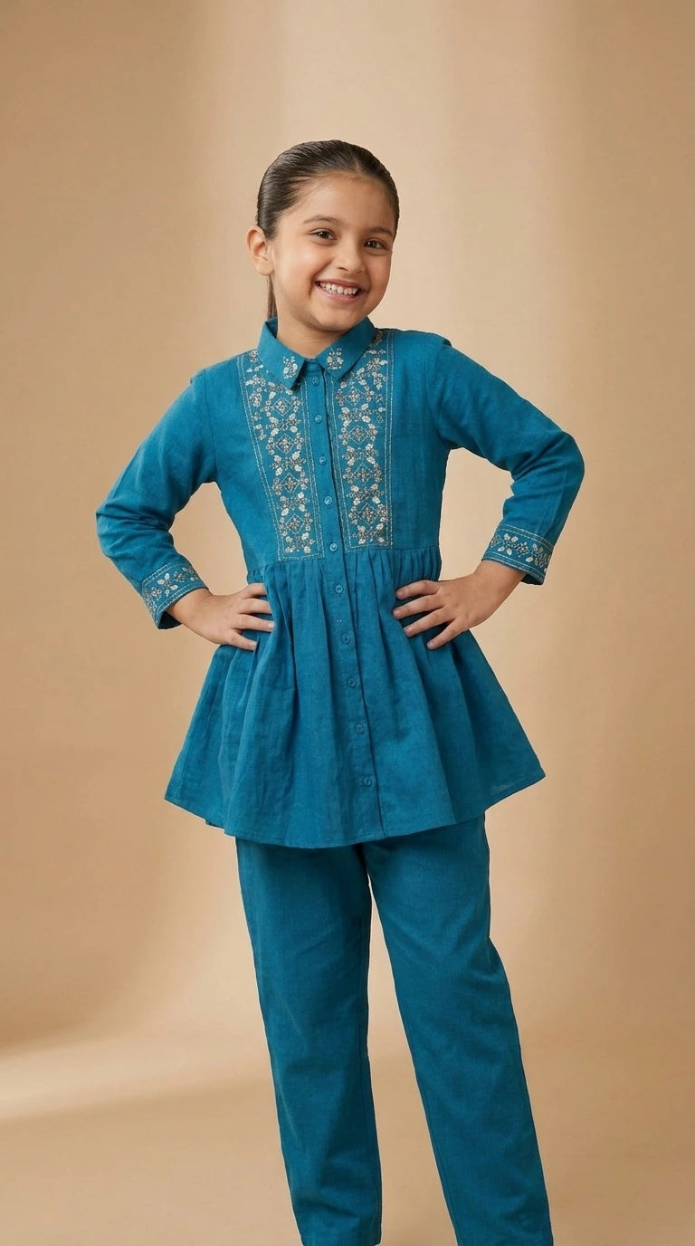 Ocean Bloom Girls Embroidered Peplum Co-Ord Set